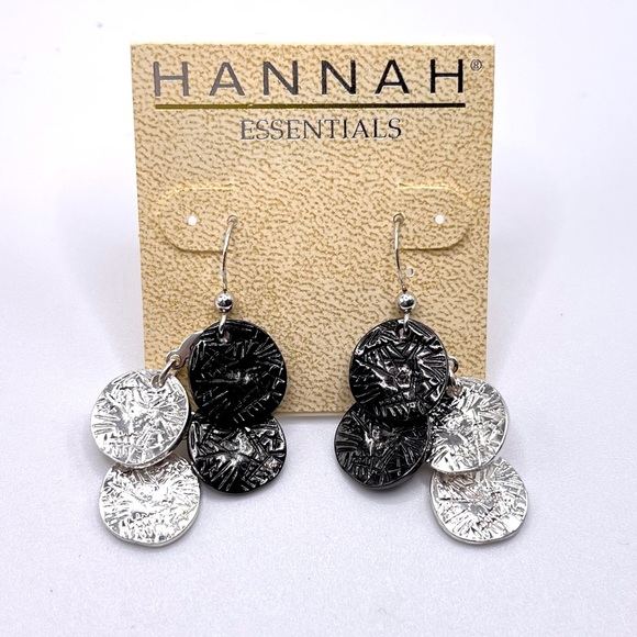 Silver and Black Toned Disc Dangle Earrings - Picture 2 of 3